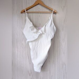 Pink Lily White Ribbed One Piece, Bathing Suit Size L NWOT